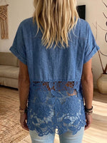Women‘s Short Sleeve Denim Spliced Floral Lace Hem Button Down Shirt