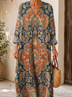 Retro Ethnic Floral Pattern Art Print Casual V-neck Long Sleeve Cotton Linen Maxi Dress