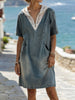 Women's Lace Hood Zip Front Short Sleeve Loose Denim Shift Dress