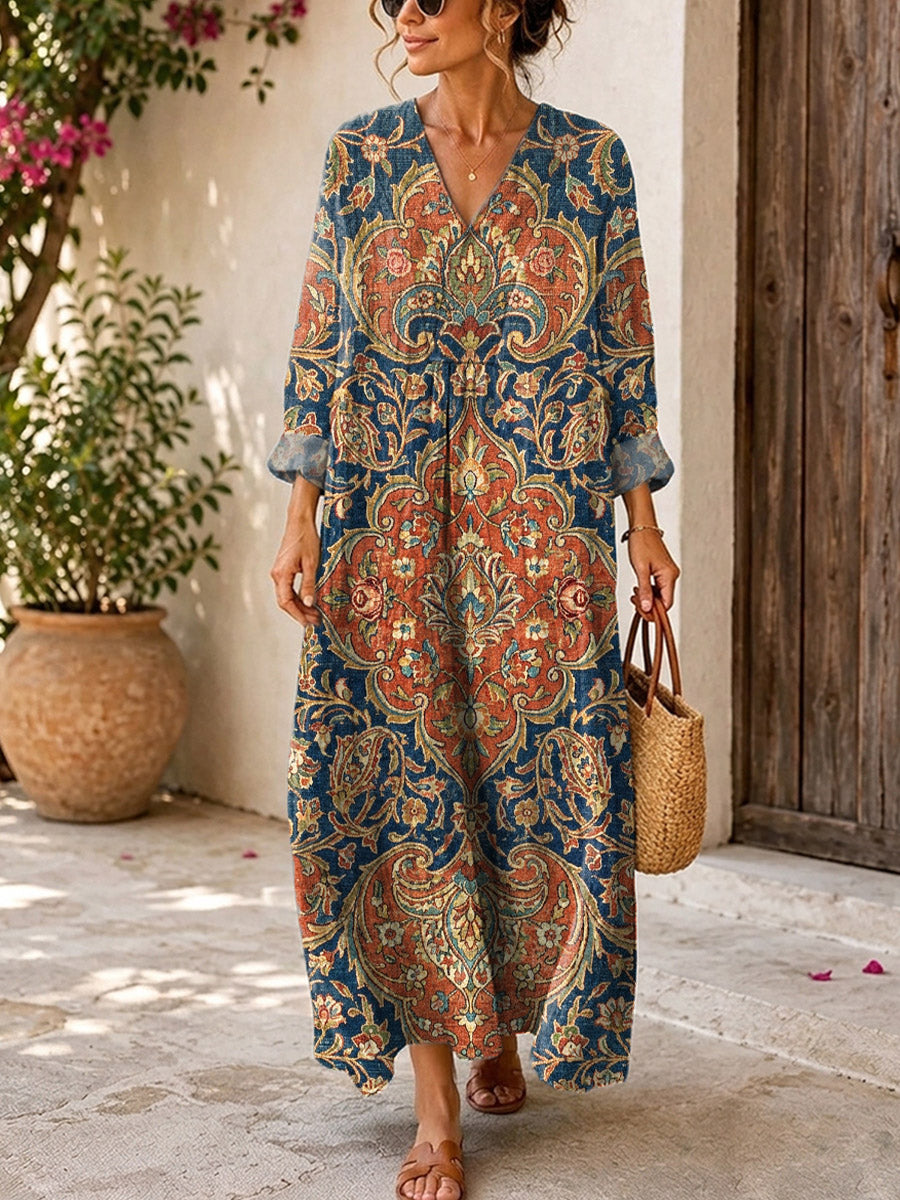 Retro Ethnic Floral Pattern Art Print Casual V-neck Long Sleeve Cotton Linen Maxi Dress