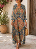Retro Ethnic Floral Pattern Art Print Casual V-neck Long Sleeve Cotton Linen Maxi Dress