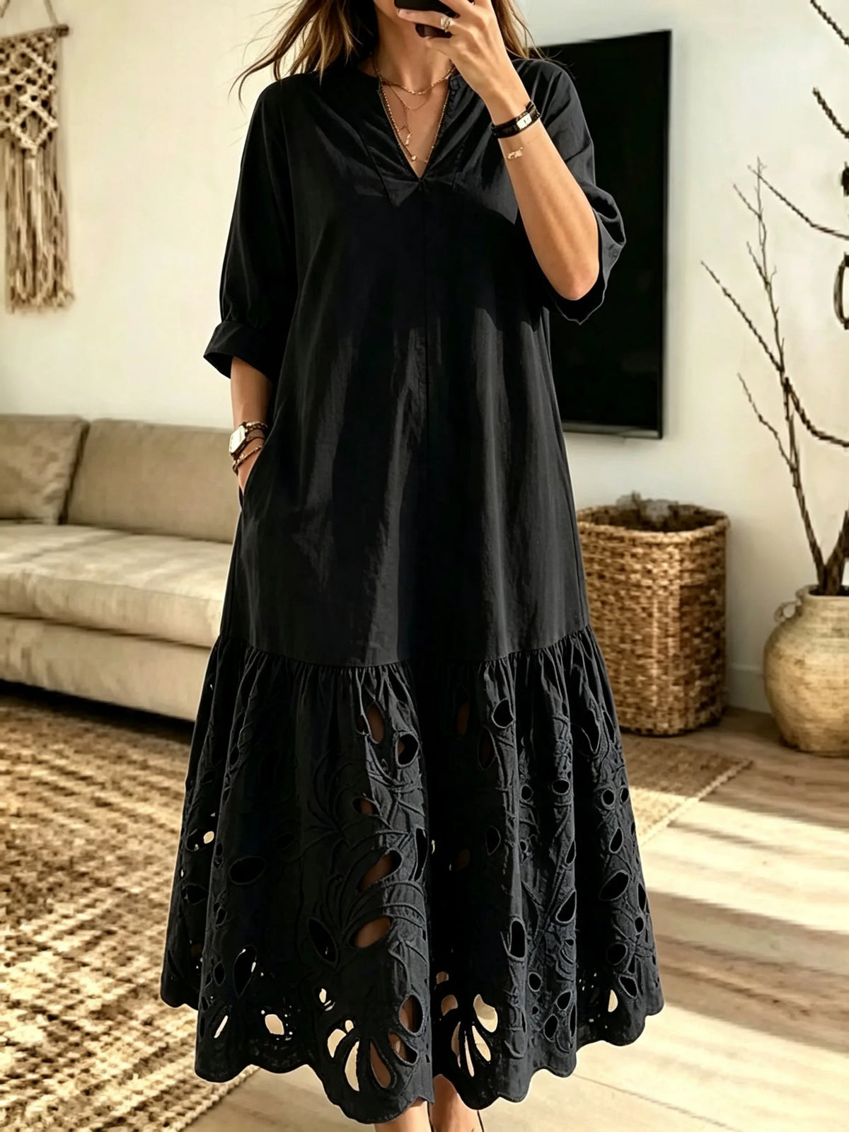 Women's Solid Hollow Out Art V-Neck Loose Maxi Dress