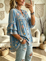 Women's Vintage Border Dragonfly Floral Print Ruffle Sleeve Blouse