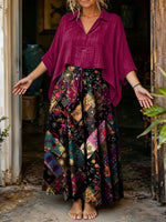 Women's Solid Magenta Oversized Shirt & Patchwork Floral Wide Leg Pants Boho 2 Piece Set