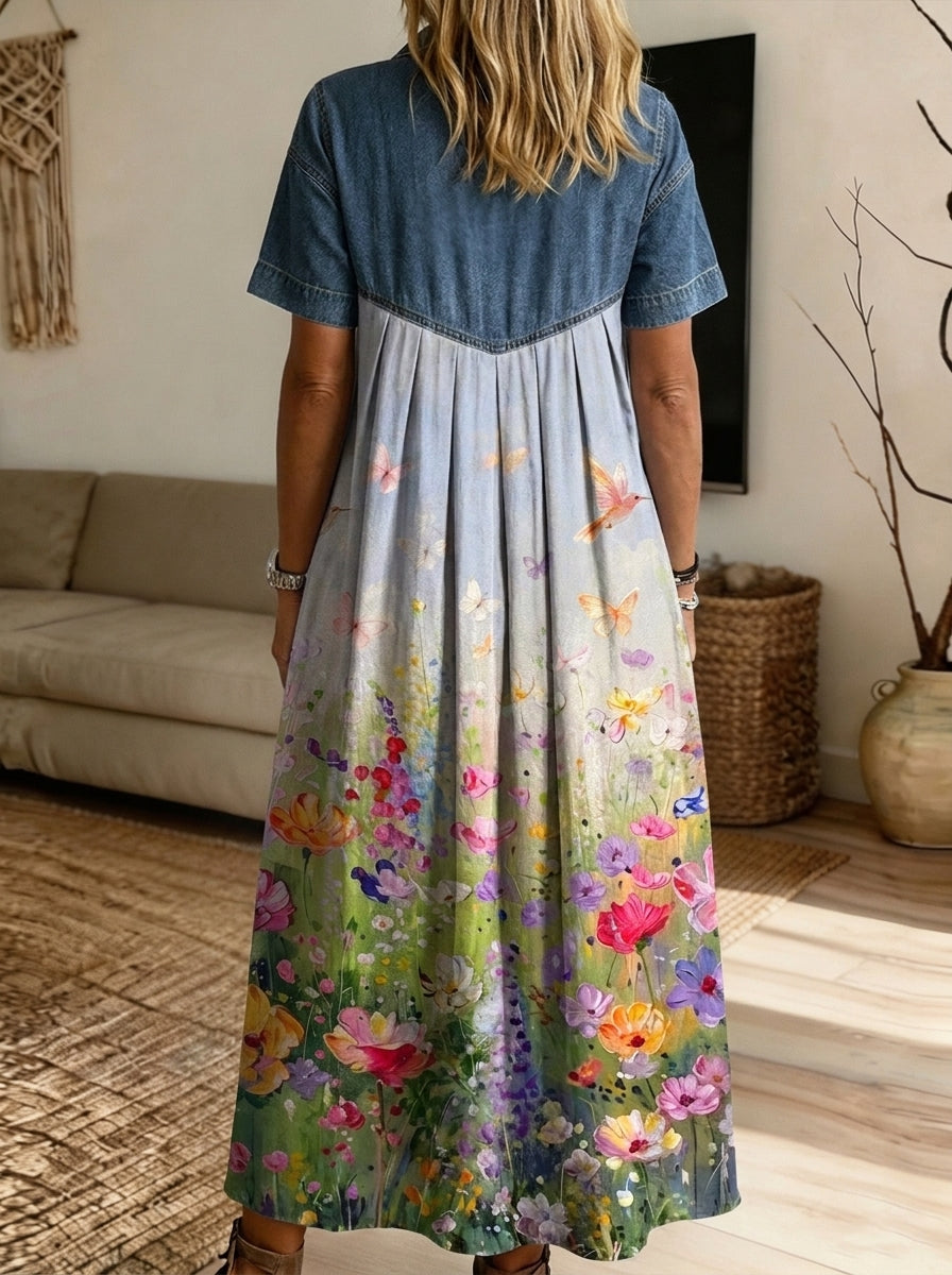 Women’s Denim Spliced Butterfly Wildflower Print Shirt Midi Dress With Pockets
