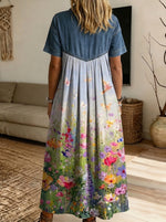 Women’s Denim Spliced Butterfly Wildflower Print Shirt Midi Dress With Pockets