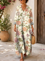 Retro Floral Pattern Art Print Casual V-neck Long Sleeve Cotton Linen Maxi Dress