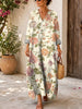 Retro Floral Pattern Art Print Casual V-neck Long Sleeve Cotton Linen Maxi Dress