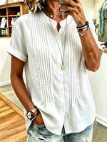 Women's Front Pleated Stand Collar Short Sleeve Linen Cotton Blouse