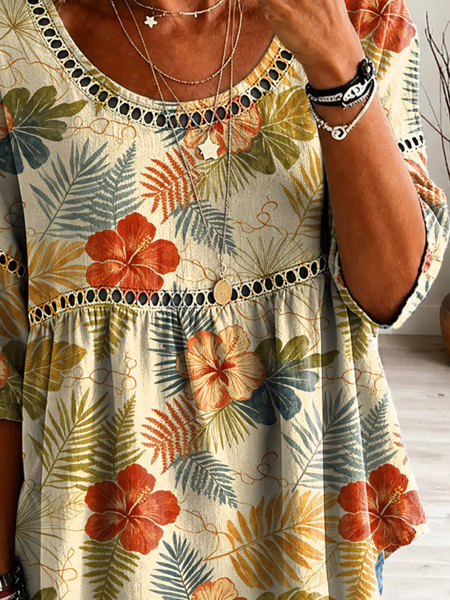 Women's Floral Pattern Art Print Casual Hollow Linen Shirt