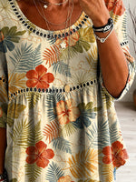 Women's Floral Pattern Art Print Casual Hollow Linen Shirt