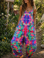 Women’s Colorful Abstract Watercolor Print Spaghetti Strap Boho Harem Jumpsuit With Pockets