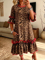 Women's Leopard Print Green Trim Ruffle Midi Dress With Pockets