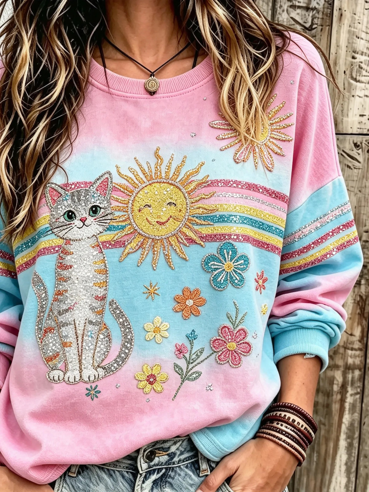 Women's Hippie Cartoon Cat Rainbow Sun Gradient Art Print Crew Neck Long Sleeve Sweatshirt