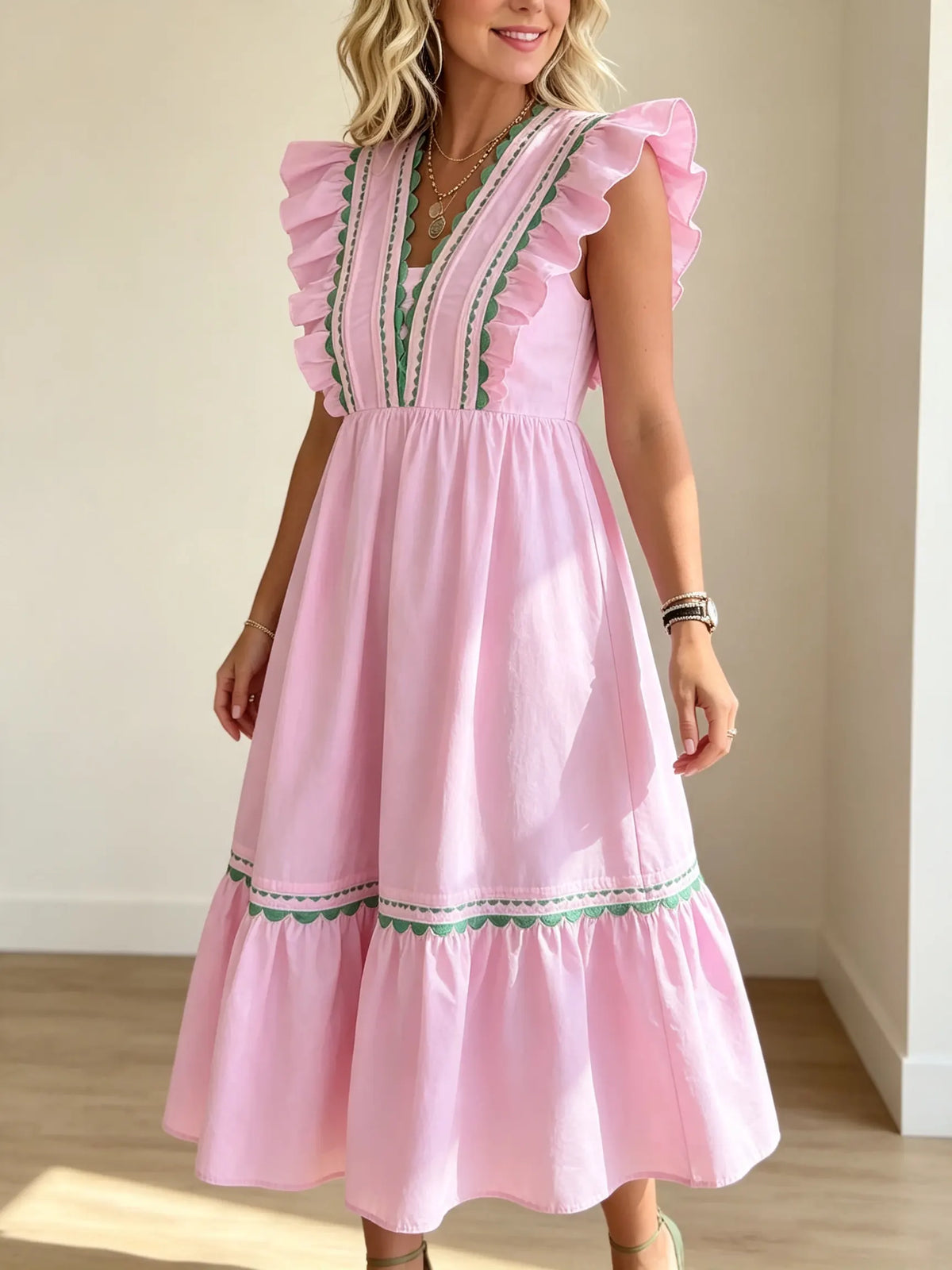 Women's Scalloped Trim Ruffle Tiered Midi Dress
