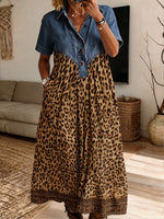 Women’s Denim Spliced Leopard Print Loose Midi Dress With Pockets