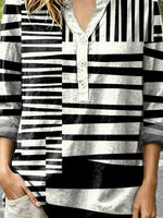 Women's Black White Stripe Pattern Art Print Casual Long Sleeve Linen Shirt