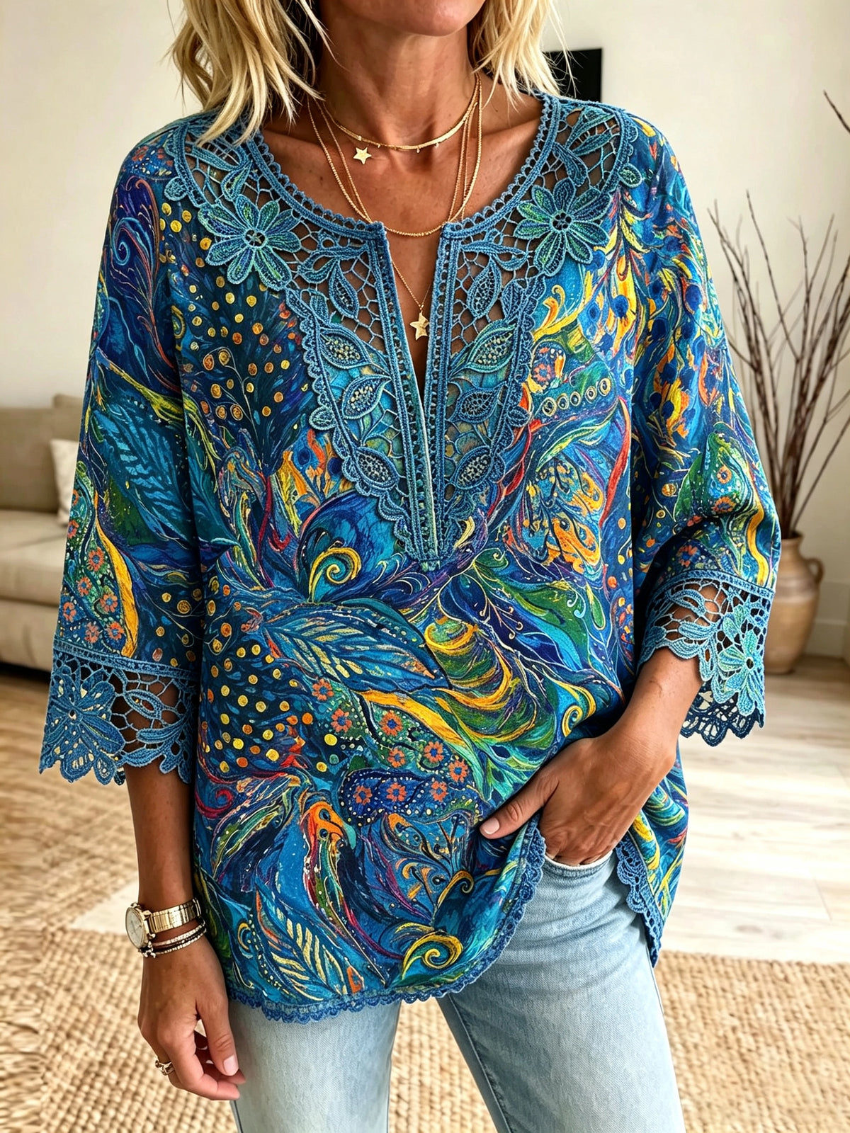 Women's Abstract Crochet Cutout Blouse