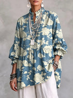 Retro Floral Art Pattern Print Ruffle Casual Stylish Cotton Linen Shirt