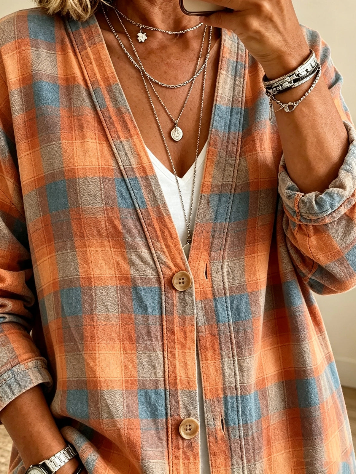 Women's Plaid Button-Front Cardigan Shirt