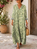 Retro Floral Pattern Art Print Casual V-neck Long Sleeve Cotton Linen Maxi Dress
