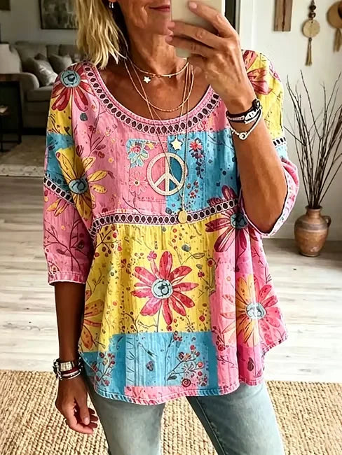 Women's Color Block Daisy Peace Logo Print Hollow Round Neck 3/4 Sleeve Babydoll Blouse