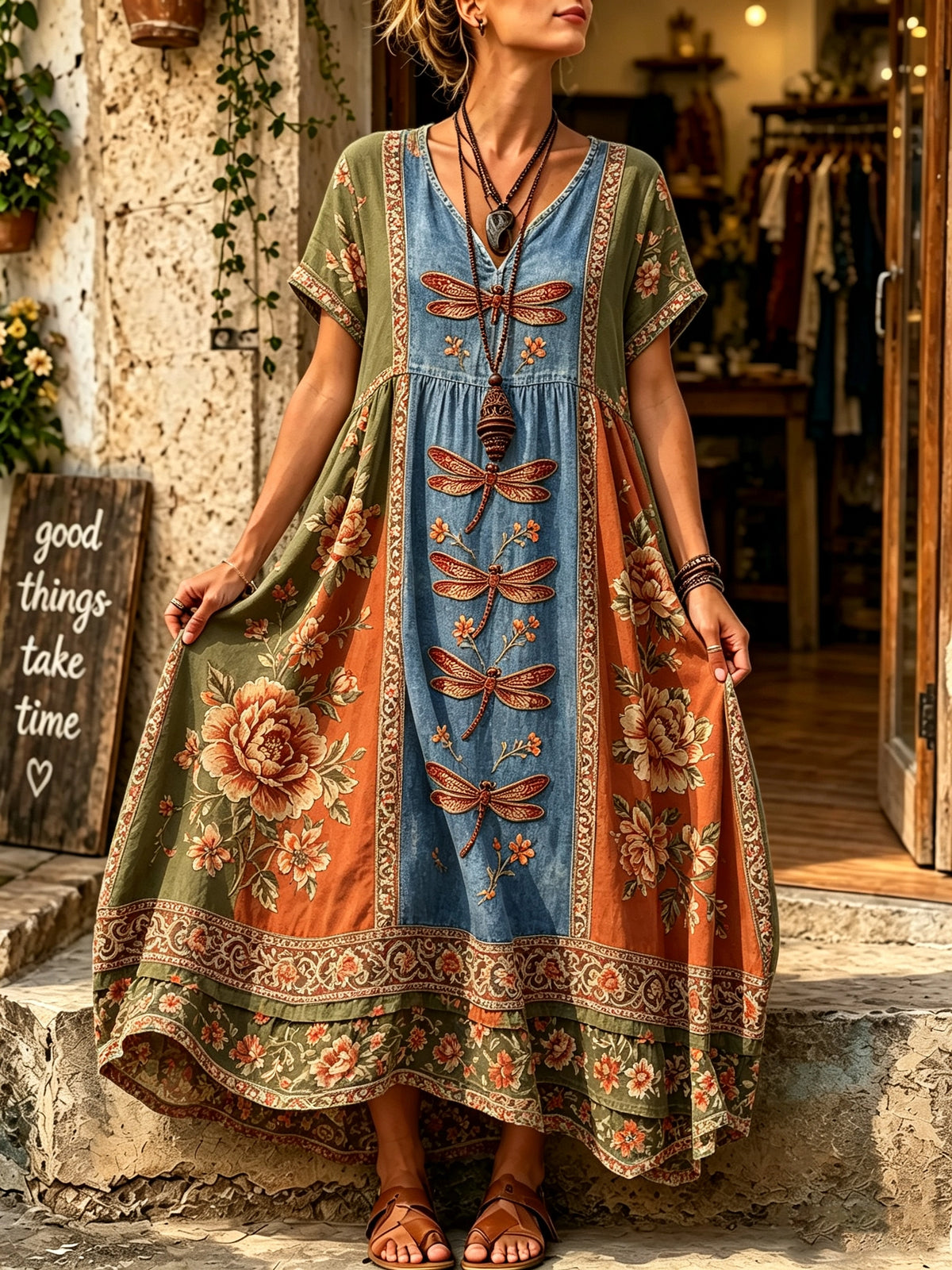 Women's Dragonfly Floral Print Maxi Dress