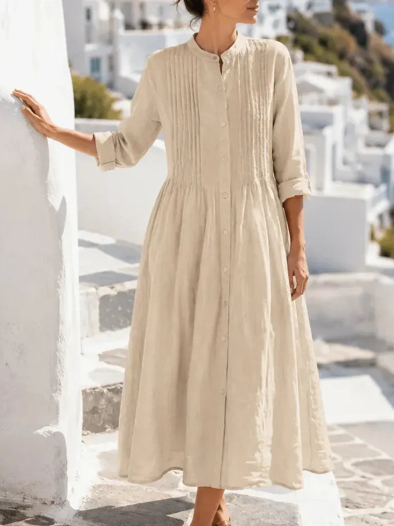 Women's Pleated Band Collar Shirt Dress