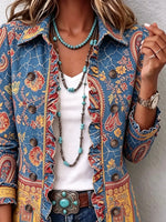 Women's Vintage Paisley Floral Print Ruffle Lapel Casual Blazer Jacket