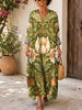 Retro Floral Pattern Art Print Casual V-neck Long Sleeve Cotton Linen Maxi Dress