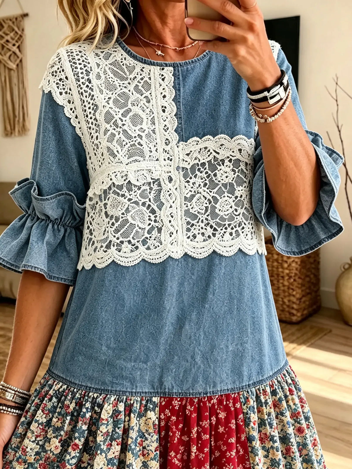 Women Denim Lace Spliced Floral Patchwork Ruffle Midi Dress