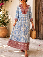 Retro Floral Pattern Art Print Casual V-neck Cotton Linen Maxi Dress