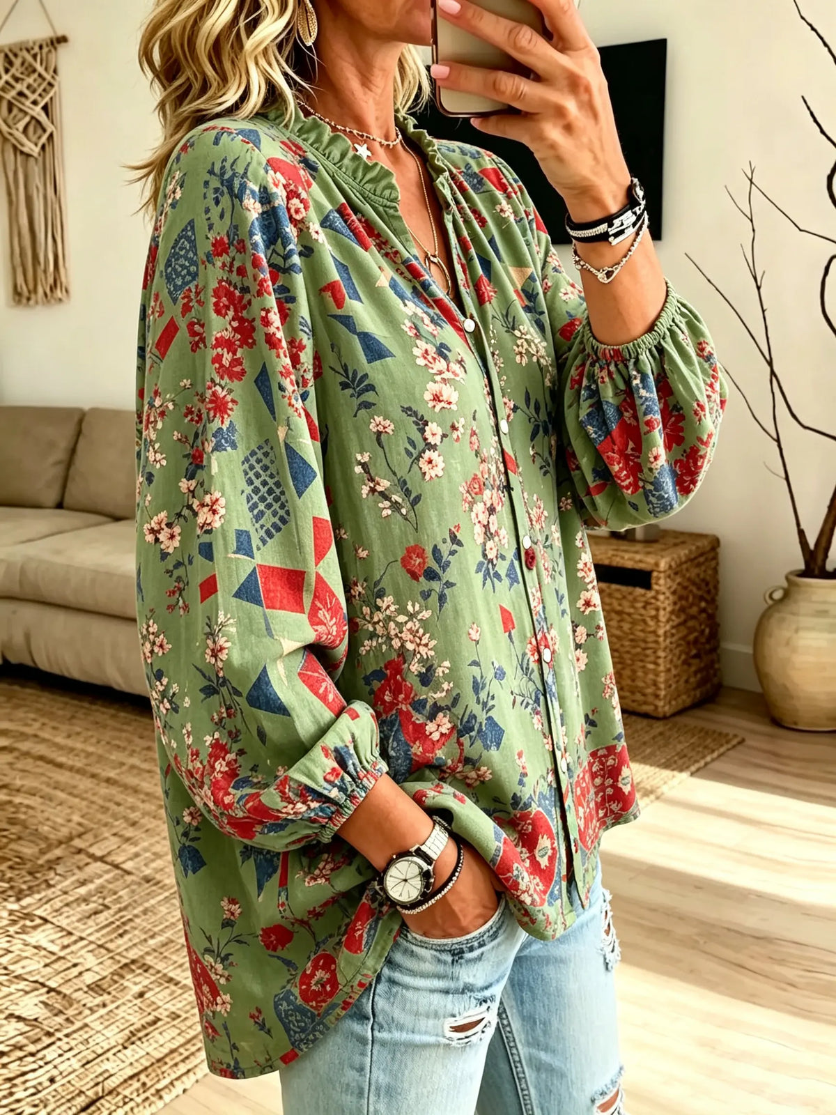 Women's Pastoral Floral Geometric Spliced Print Ruffle V-Neck Blouse