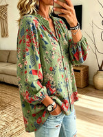 Women's Pastoral Floral Geometric Spliced Print Ruffle V-Neck Blouse