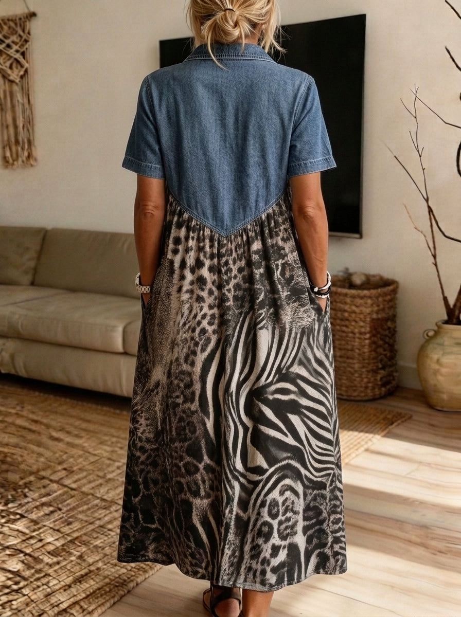 Women’sDenim Collar Mixed Leopard Zebra Print Spliced Midi Shirt Dress