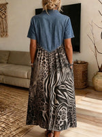 Women’sDenim Collar Mixed Leopard Zebra Print Spliced Midi Shirt Dress