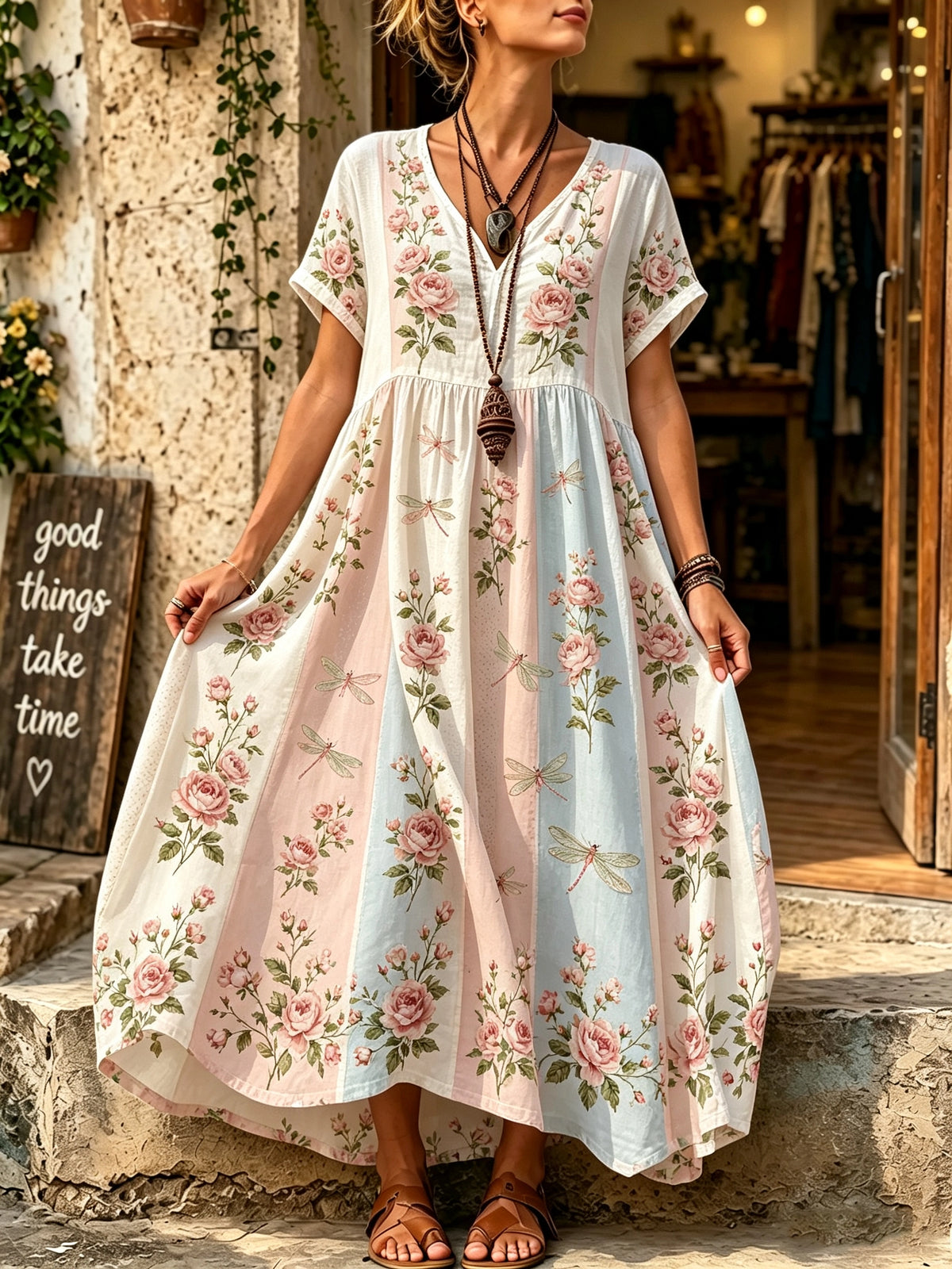Women's Pastel Rose Dragonfly Print Maxi Dress