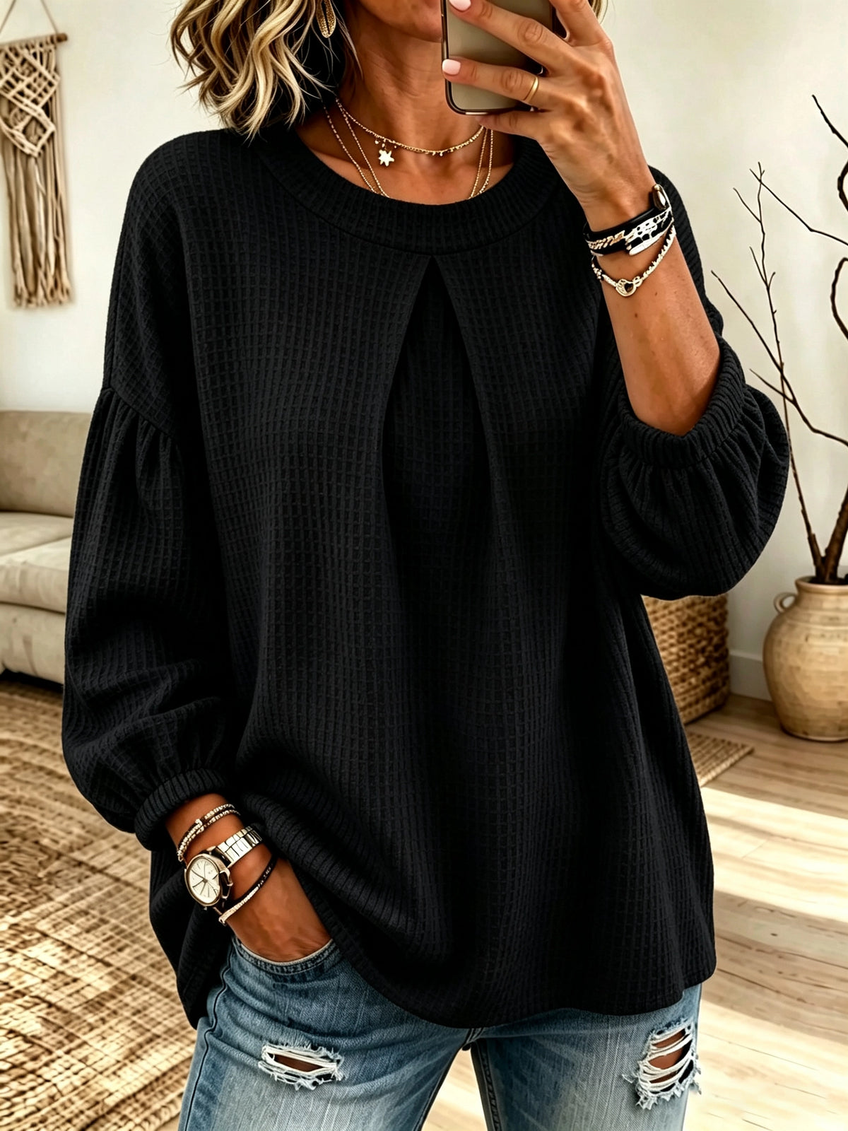 Women's Pleated Waffle Knit Pullover Blouse