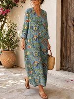 Retro Floral Pattern Art Print Casual V-neck Long Sleeve Cotton Linen Maxi Dress