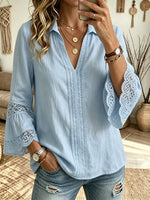 Women's Openwork Crochet 3/4 Bell Sleeve Blouse