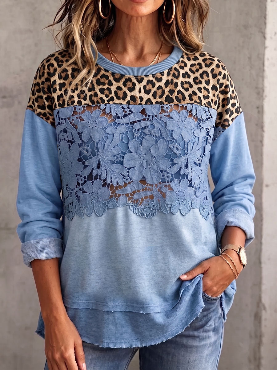Vintage Elegant Openwork Lace Patchwork Leopard Print Sweatshirt