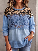 Vintage Elegant Openwork Lace Patchwork Leopard Print Sweatshirt