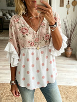 Women’s Pink Rose Polka Dot Patchwork Ruffle Top