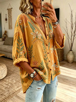 Women’s Orange Yellow Floral Dragonfly Print Button Down Shirt