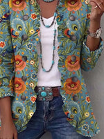 Retro Floral Birds Art Pattern Print Ruffle Casual Stylish Cotton Lapel Coat
