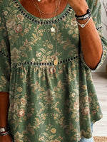 Women's Retro Floral Pattern Art Print Casual Hollow Linen Shirt