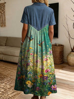 Women’s Denim Spliced Wildflower Hummingbird Print Shirt Midi Dress With Pockets