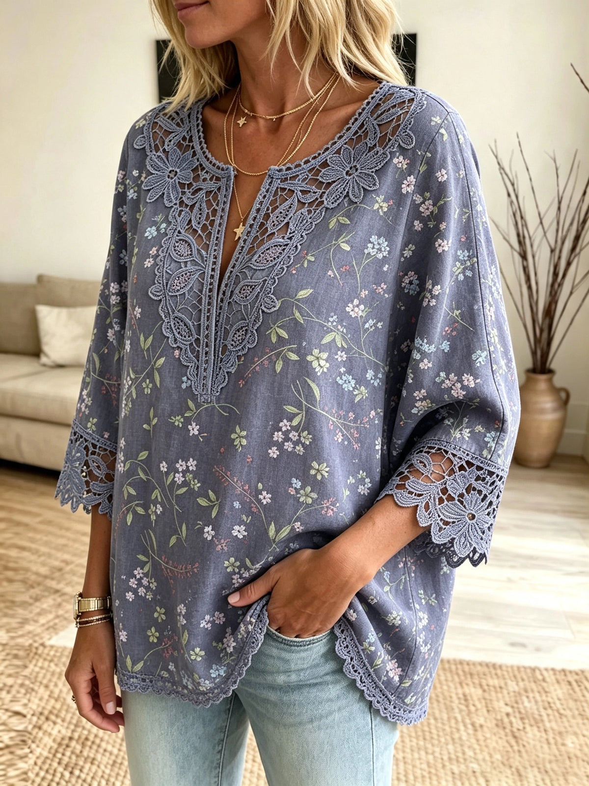 Women's Botanical Crochet Cutout Blouse