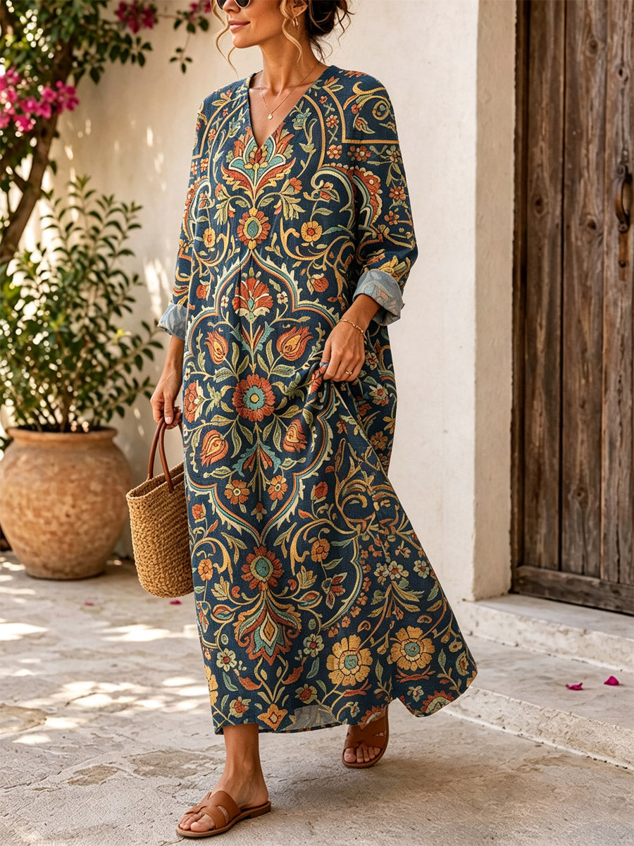 Retro Floral Pattern Art Print Casual V-neck Long Sleeve Cotton Linen Maxi Dress