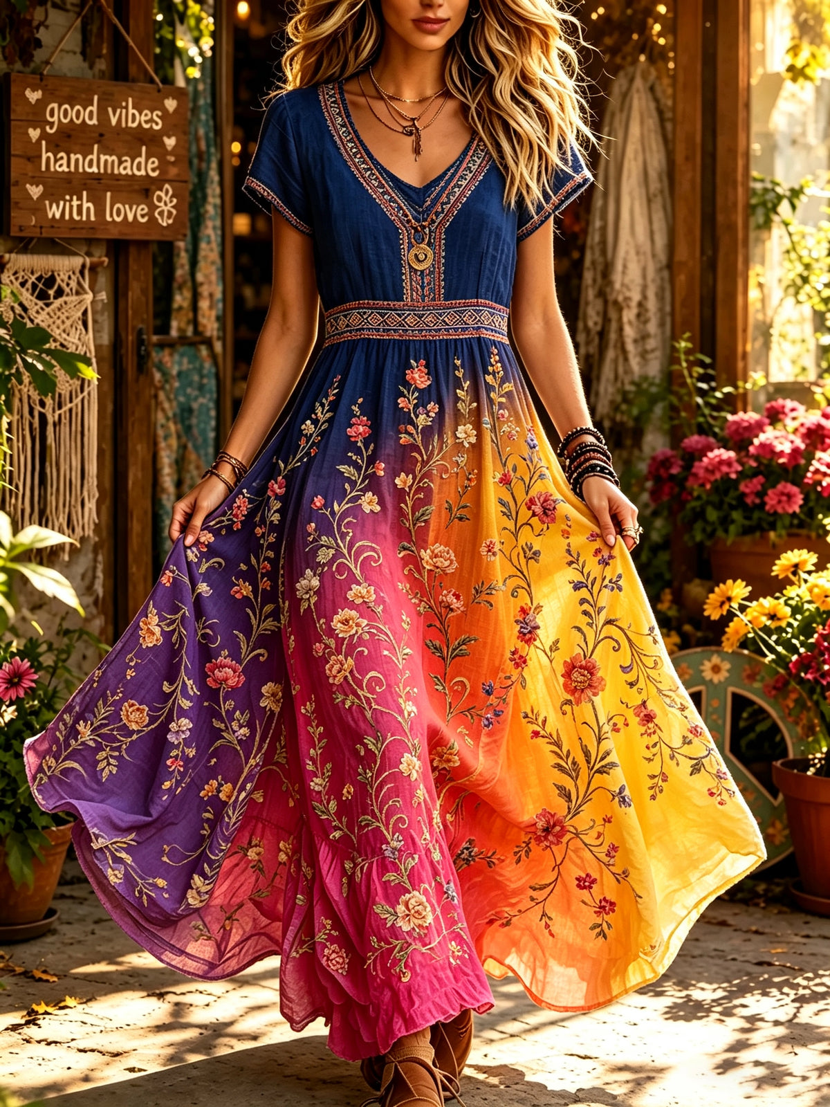 Women's Ombre Floral Vine Print Maxi Dress
